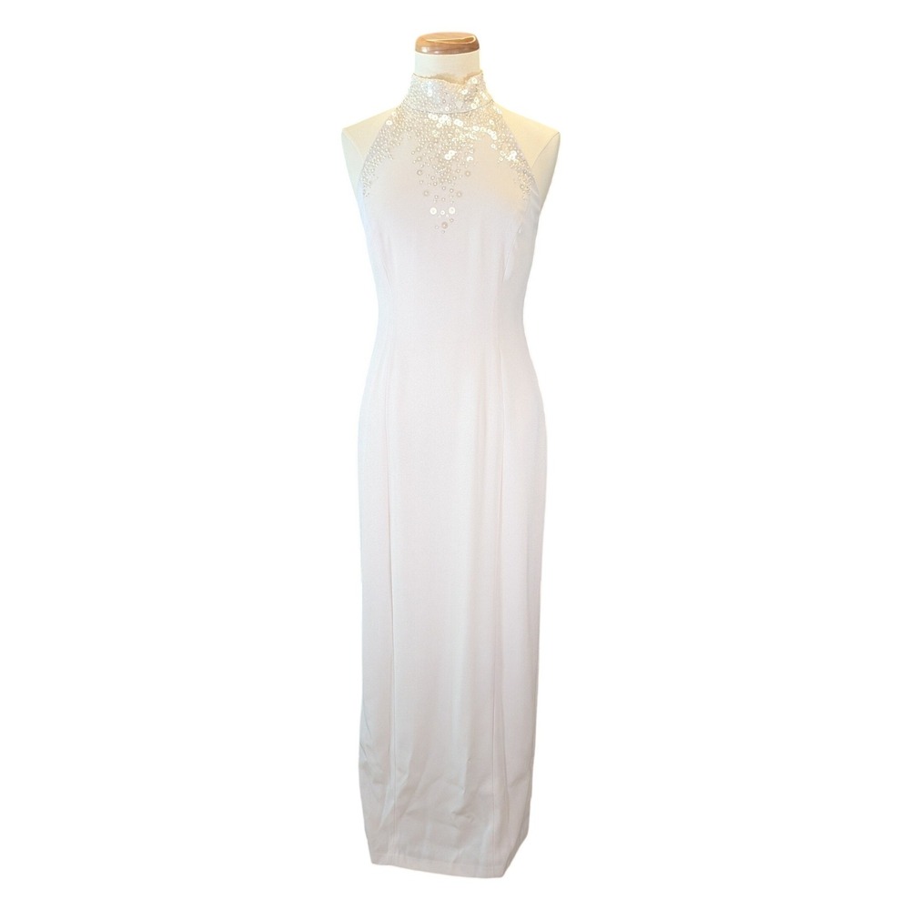 Daymor Couture Beaded Halter Evening Gown Cream Crepe Formal Dress